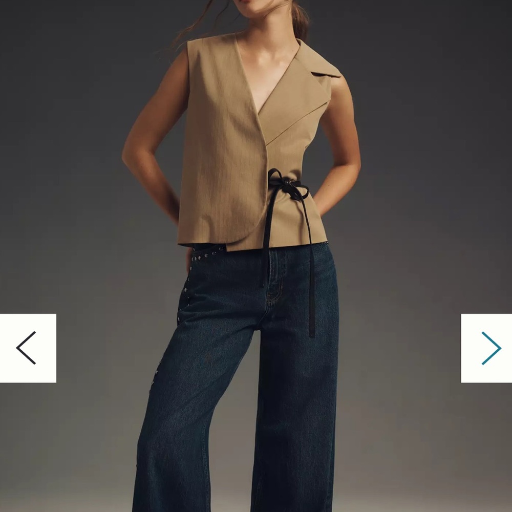 Anthropologie Tan Wrap Blouse with Black Tie, Size Large